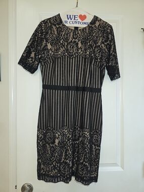Just Me Black Lace & Nude-Illusion Striped Midi Dress